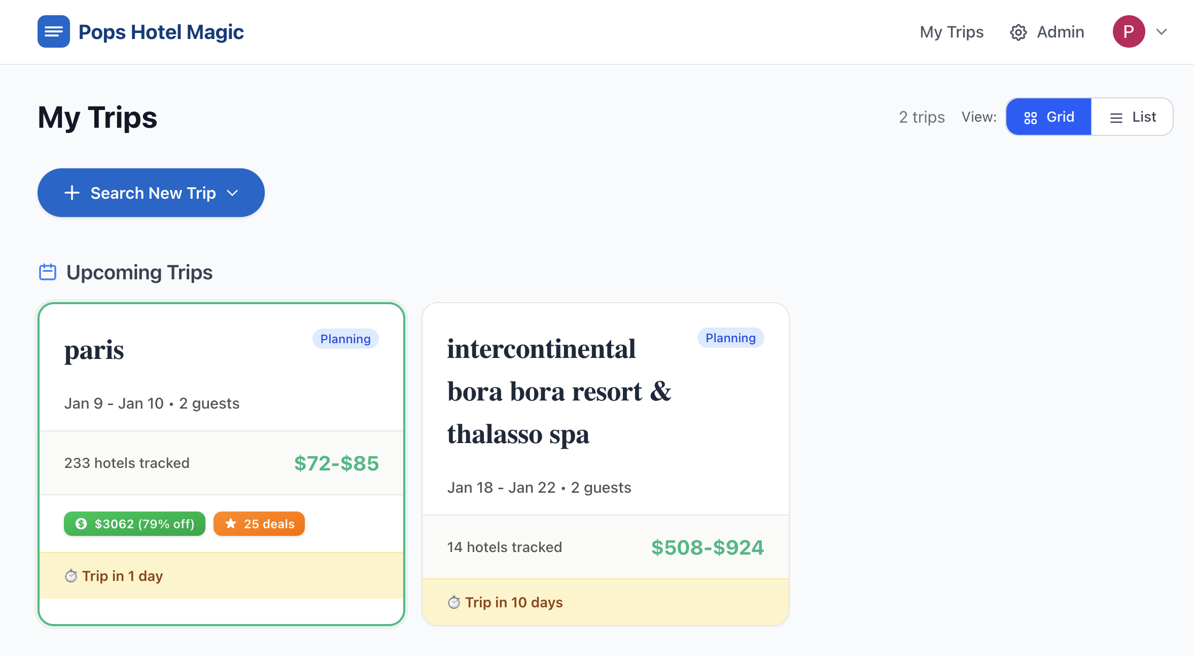 Pops Hotel Magic dashboard showing tracked trips with price ranges and savings